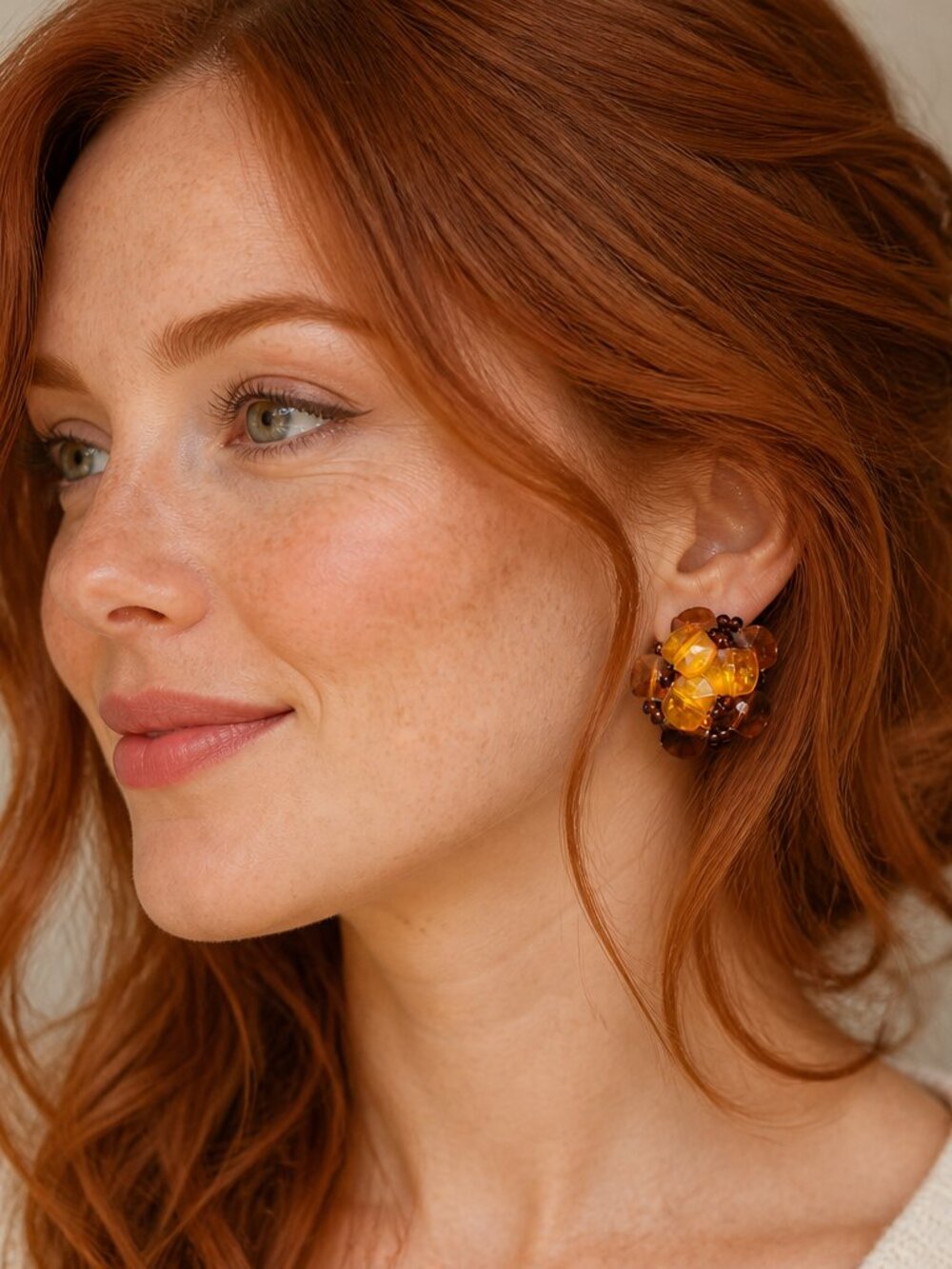 Amber Cluster Statement Earrings - Gold and Brown